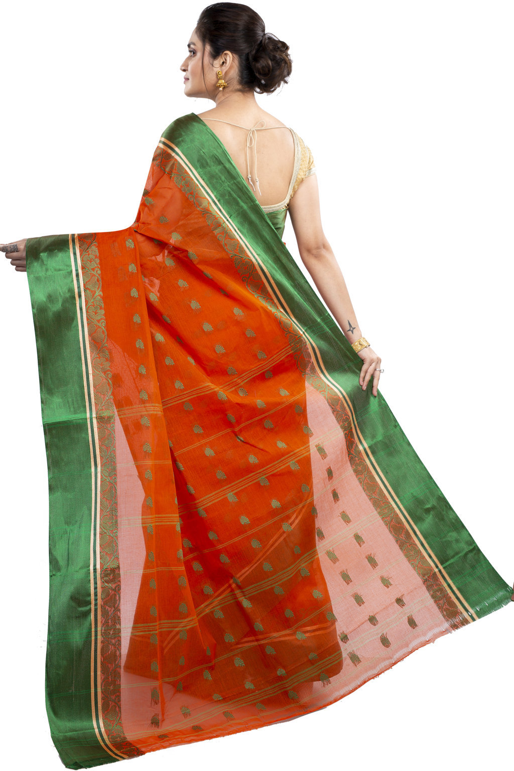 Orange Green Pure Cotton Sukla_Velvet Tant Saree (799)